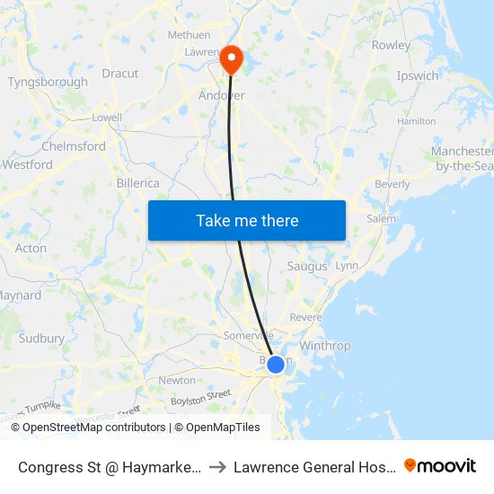 Congress St @ Haymarket Sta to Lawrence General Hospital map
