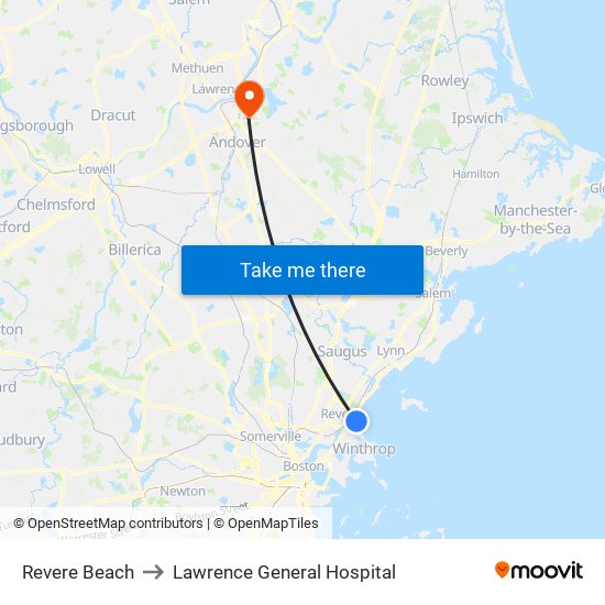 Revere Beach to Lawrence General Hospital map
