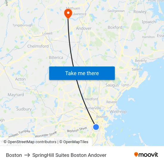 Boston to SpringHill Suites Boston Andover map