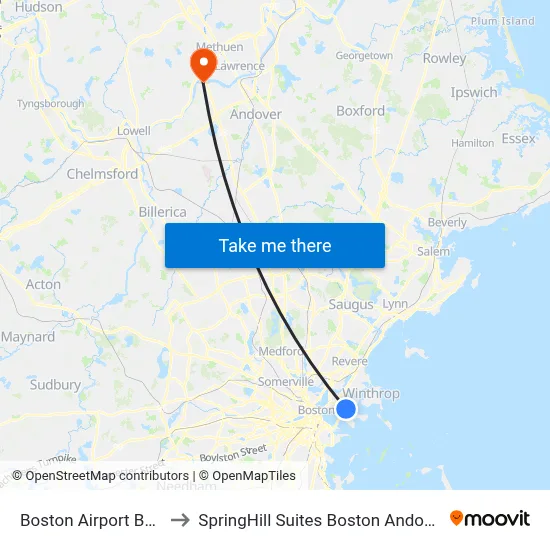 Boston Airport BOS to SpringHill Suites Boston Andover map