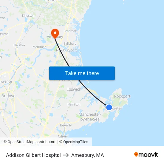 Addison Gilbert Hospital to Amesbury, MA map