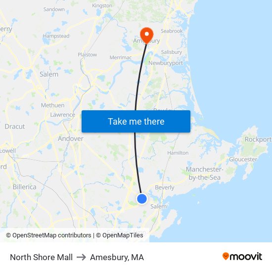 North Shore Mall to Amesbury, MA map