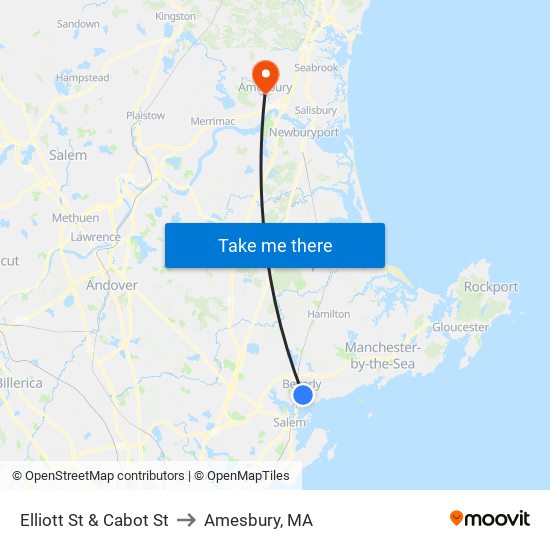 Elliott St & Cabot St to Amesbury, MA map