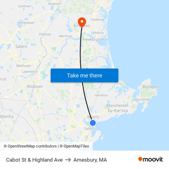 Cabot St & Highland Ave to Amesbury, MA map