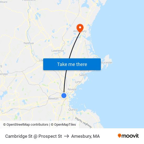 Cambridge St @ Prospect St to Amesbury, MA map