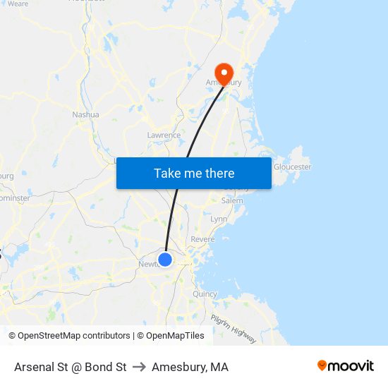 Arsenal St @ Bond St to Amesbury, MA map