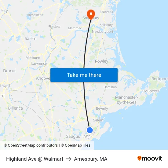 Highland Ave @ Walmart to Amesbury, MA map