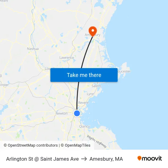 Arlington St @ Saint James Ave to Amesbury, MA map