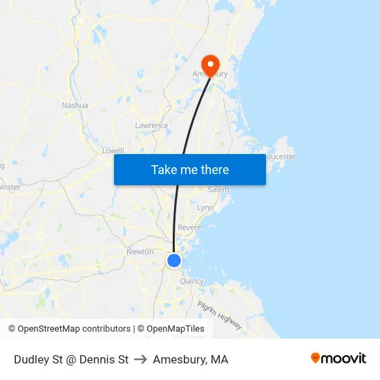Dudley St @ Dennis St to Amesbury, MA map