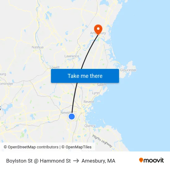 Boylston St @ Hammond St to Amesbury, MA map