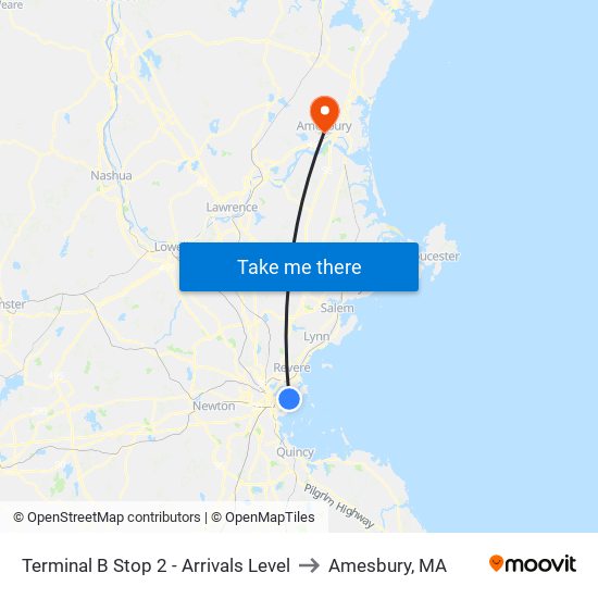 Terminal B Stop 2 - Arrivals Level to Amesbury, MA map