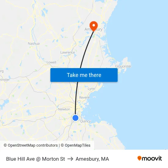 Blue Hill Ave @ Morton St to Amesbury, MA map