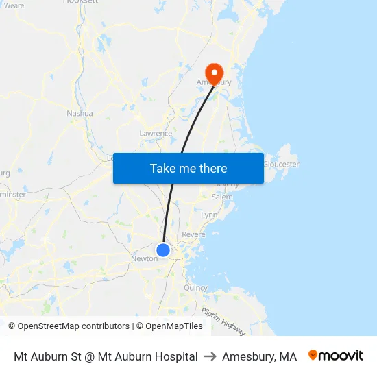 Mt Auburn St @ Mt Auburn Hospital to Amesbury, MA map