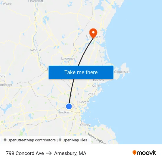799 Concord Ave to Amesbury, MA map