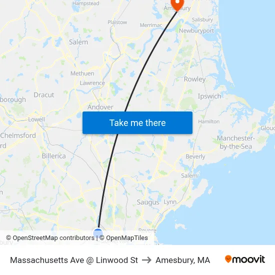 Massachusetts Ave @ Linwood St to Amesbury, MA map