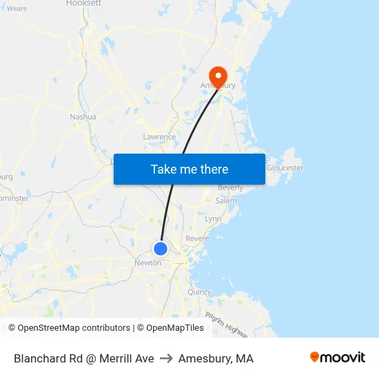 Blanchard Rd @ Merrill Ave to Amesbury, MA map