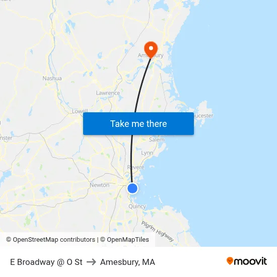 E Broadway @ O St to Amesbury, MA map