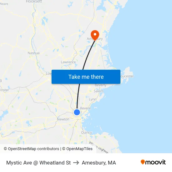 Mystic Ave @ Wheatland St to Amesbury, MA map