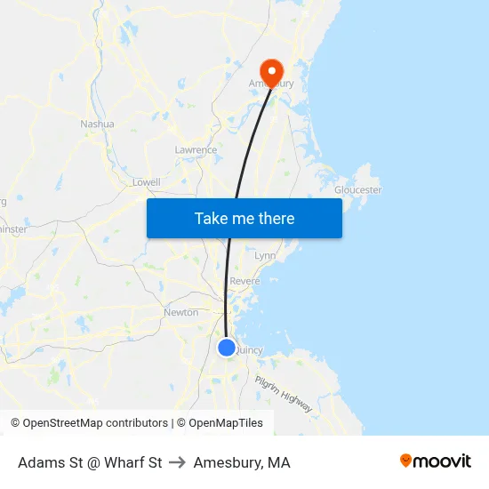 Adams St @ Wharf St to Amesbury, MA map