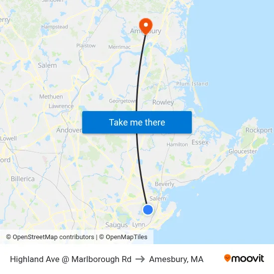 Highland Ave @ Marlborough Rd to Amesbury, MA map