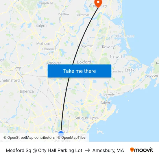 Medford Sq @ City Hall Parking Lot to Amesbury, MA map