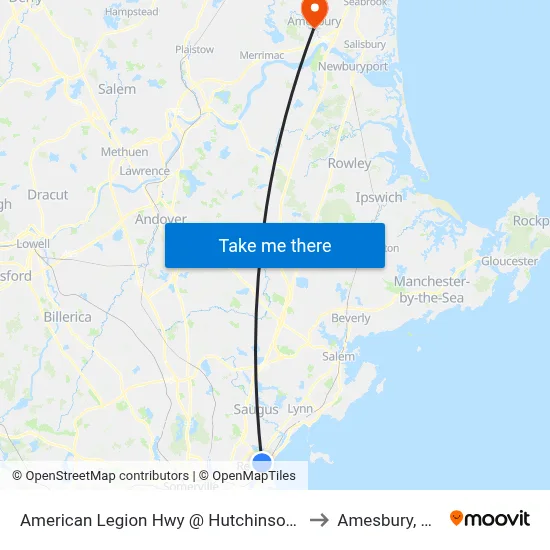 American Legion Hwy @ Hutchinson St to Amesbury, MA map