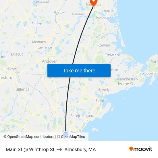 Main St @ Winthrop St to Amesbury, MA map