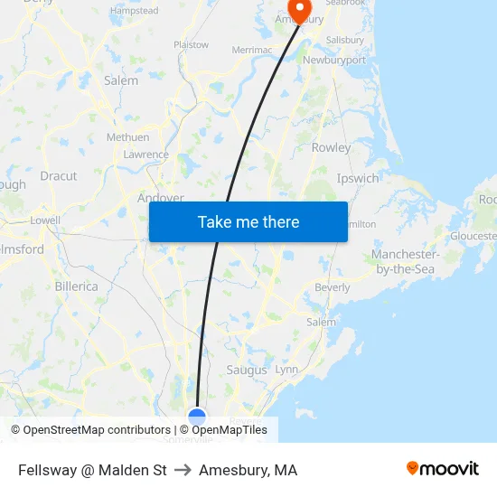 Fellsway @ Malden St to Amesbury, MA map