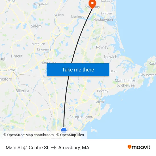Main St @ Centre St to Amesbury, MA map