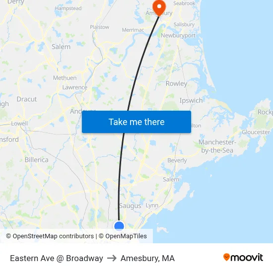 Eastern Ave @ Broadway to Amesbury, MA map