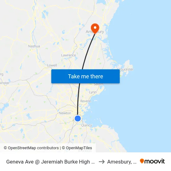 Geneva Ave @ Jeremiah Burke High School to Amesbury, MA map