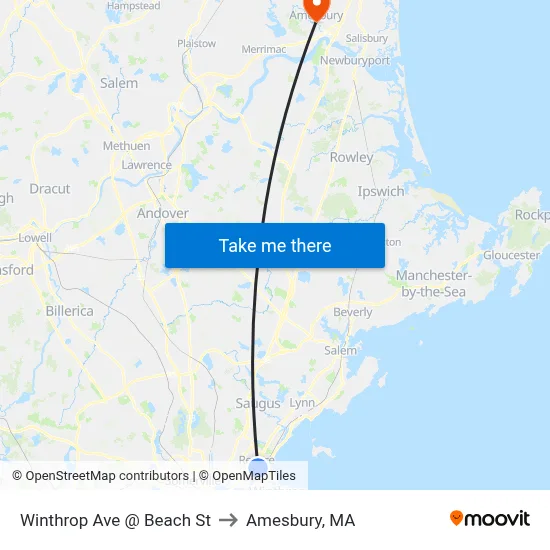 Winthrop Ave @ Beach St to Amesbury, MA map