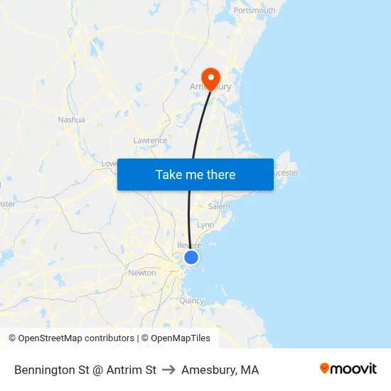 Bennington St @ Antrim St to Amesbury, MA map