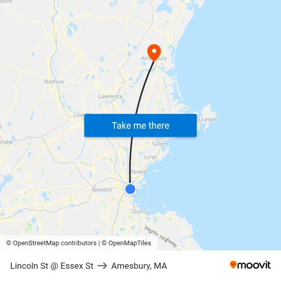 Lincoln St @ Essex St to Amesbury, MA map