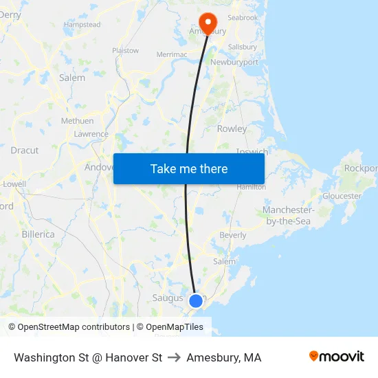 Washington St @ Hanover St to Amesbury, MA map