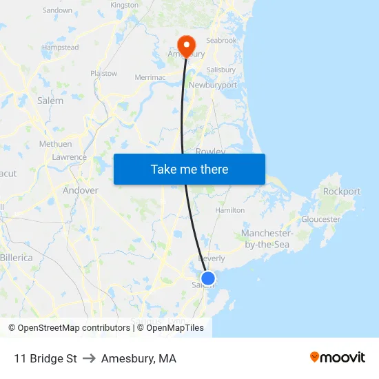 11 Bridge St to Amesbury, MA map