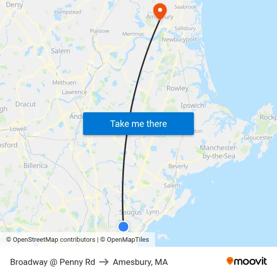 Broadway @ Penny Rd to Amesbury, MA map
