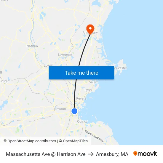 Massachusetts Ave @ Harrison Ave to Amesbury, MA map