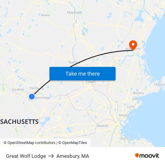 Great Wolf Lodge to Amesbury, MA map