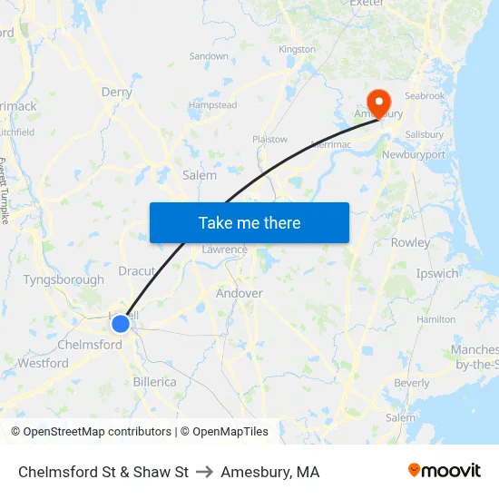 Chelmsford St & Shaw St to Amesbury, MA map