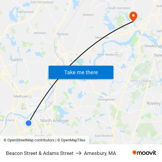Beacon Street & Adams Street to Amesbury, MA map