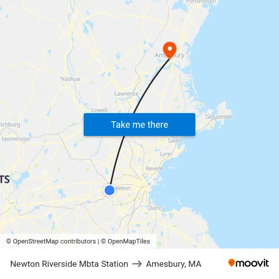 Newton Riverside Mbta Station to Amesbury, MA map