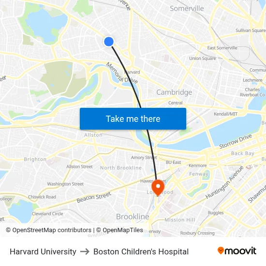 Harvard University to Boston Children's Hospital map