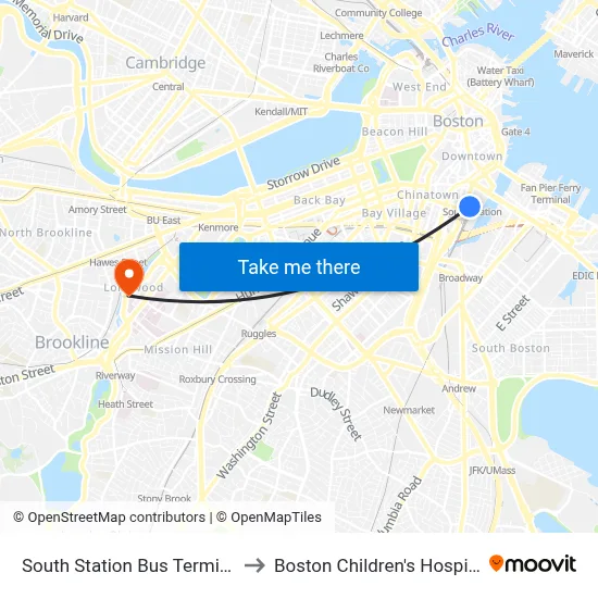 South Station Bus Terminal to Boston Children's Hospital map