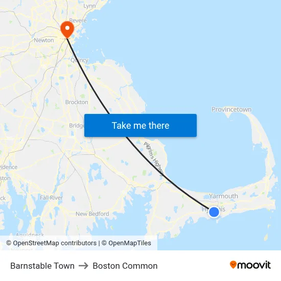 Barnstable Town to Boston Common map