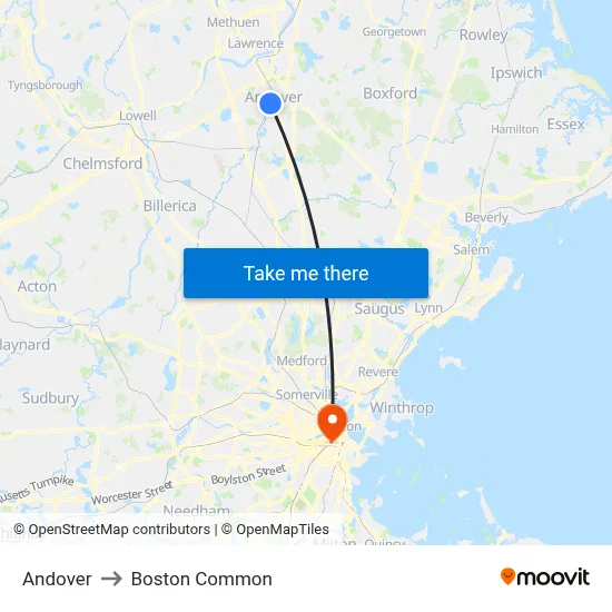 Andover to Boston Common map