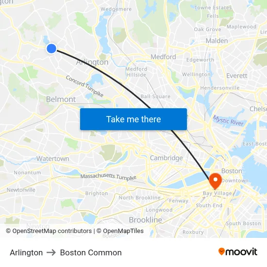 Arlington to Boston Common map