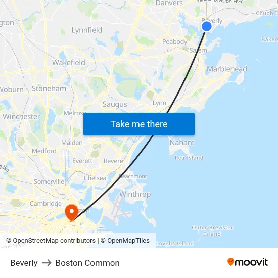 Beverly to Boston Common map
