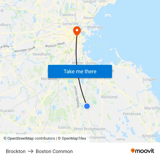 Brockton to Boston Common map