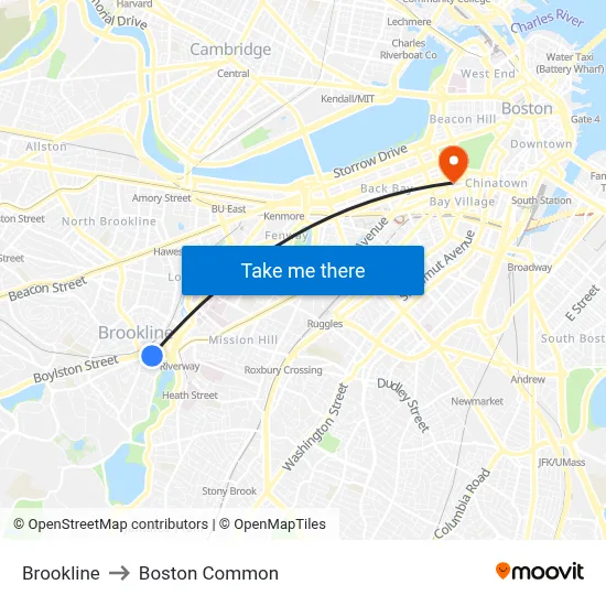 Brookline to Boston Common map